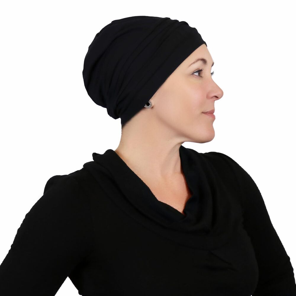 7208 Bamboo Slouchy Beanie Chemo Turban Hat 50+ UPF Cancer Headwear Black